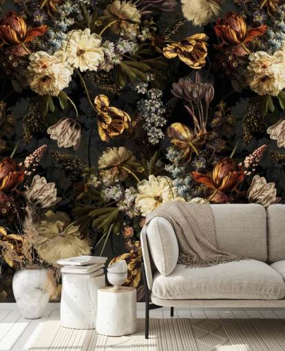 dark floral golden tones wallpaper