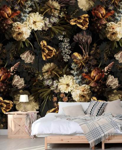 papel de parede floral escuro tons dourados papel de parede floral escuro tons dourados