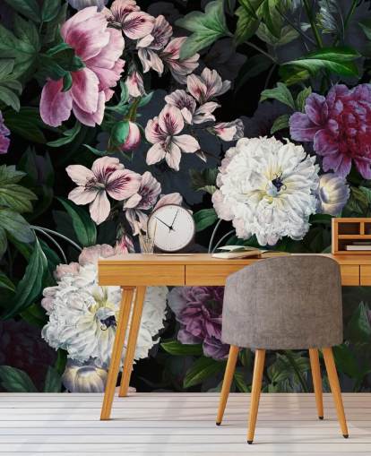 papier peint fleurs violettes et blanc cassé