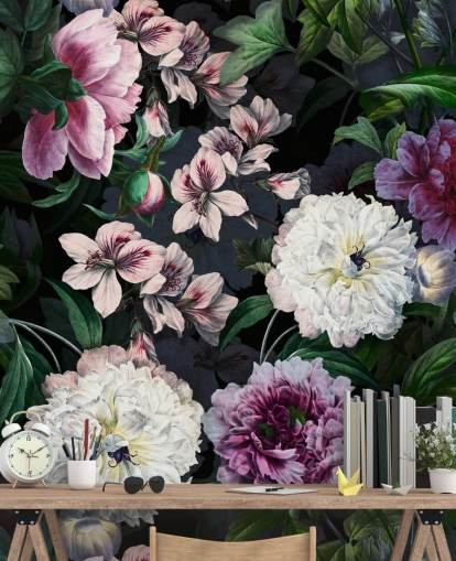 papier peint fleurs violettes et blanc cassé