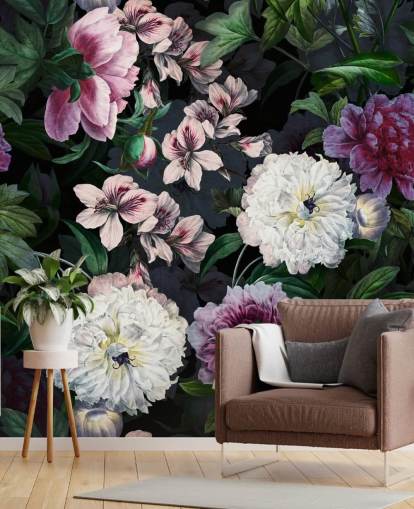 behang met paarse en gebroken witte bloemen