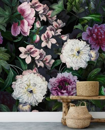 papel pintado flores moradas y blanquec