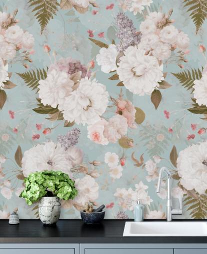 papier peint pivoine rose clair et blanc