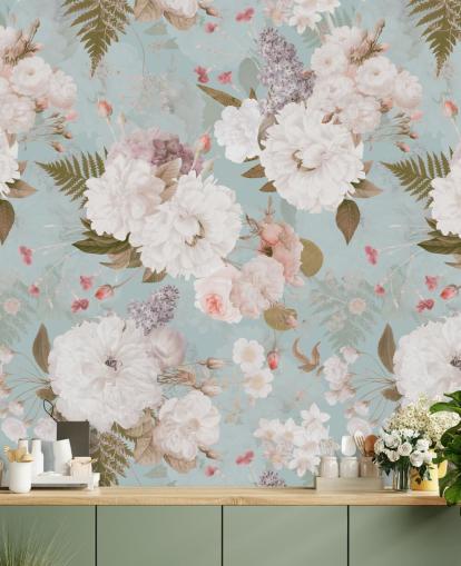 papier peint pivoine rose clair et blanc