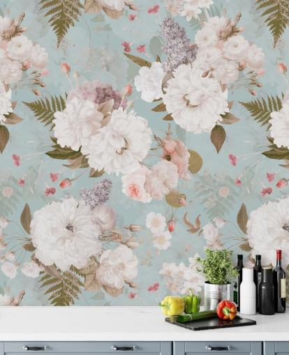 papier peint pivoine rose clair et blanc