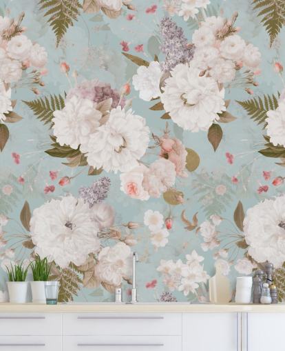 papier peint pivoine rose clair et blanc