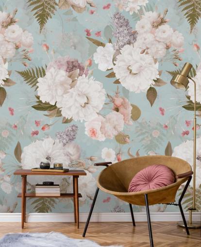 papier peint pivoine rose clair et blanc