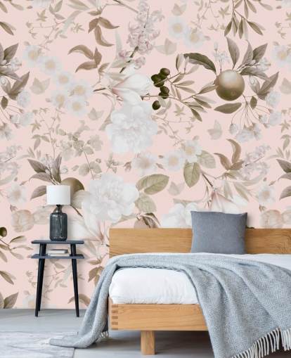 vintage blush exotic peonies and tropical fruits garden wallpaper