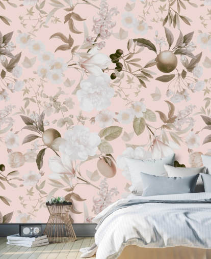 papier peint vintage blush pivoines exotiques et fruits tropicaux