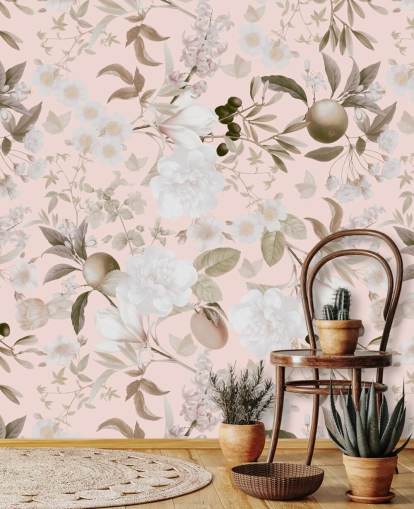 vintage blush exotic peonies and tropical fruits garden wallpaper