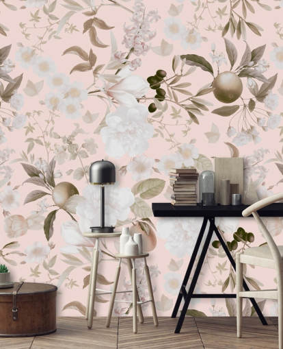 vintage blush exotische pioenrozen en tropisch fruit tuinbehang