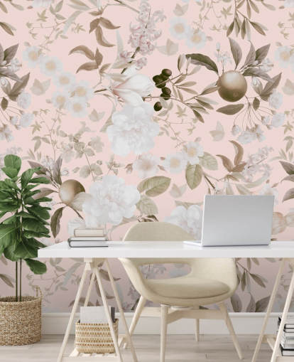 papel pintado de jardín de frutas tropicales y peonías exóticas rubor vintage