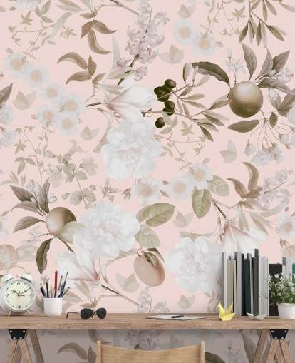 papier peint vintage blush pivoines exotiques et fruits tropicaux