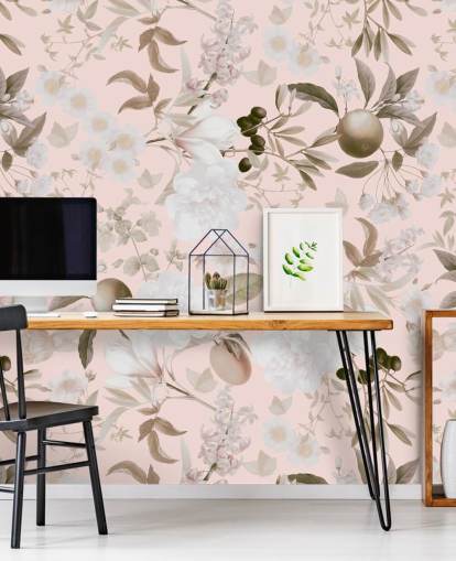 papier peint vintage blush pivoines exotiques et fruits tropicaux