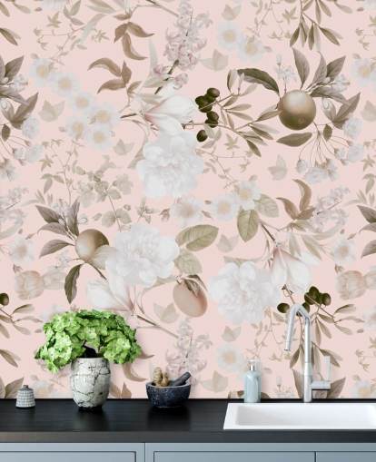 papier peint vintage blush pivoines exotiques et fruits tropicaux