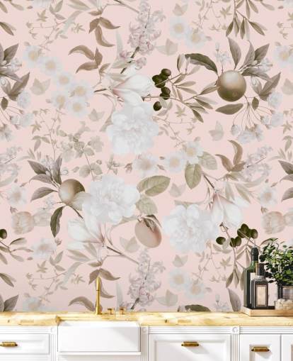vintage blush exotic peonies and tropical fruits garden wallpaper