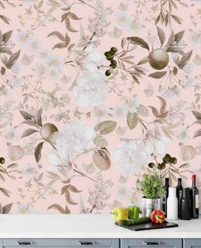 papier peint vintage blush pivoines exotiques et fruits tropicaux