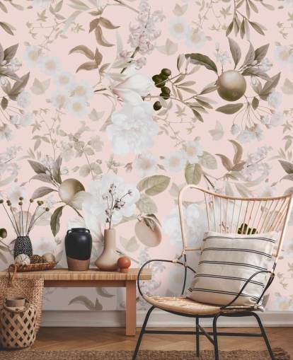 peônias exóticas vintage blush e papel de parede de jardim de frutas tropicais