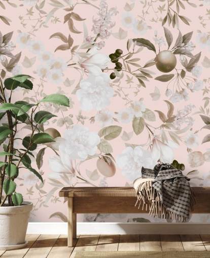 vintage blush eksotiske pæoner og tropiske frugter haven tapet