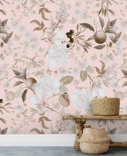 vintage blush exotische pioenrozen en tropisch fruit tuinbehang