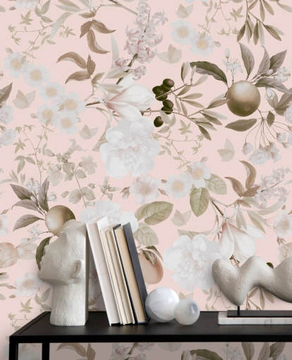 peônias exóticas vintage blush e papel de parede de jardim de frutas tropicais