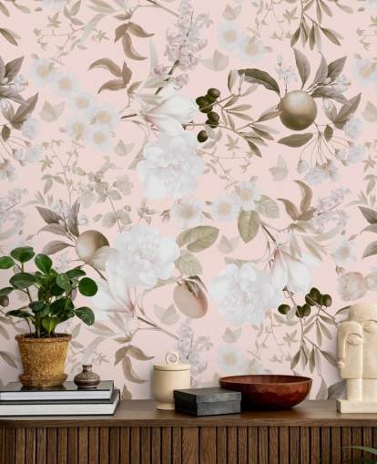 papier peint vintage blush pivoines exotiques et fruits tropicaux