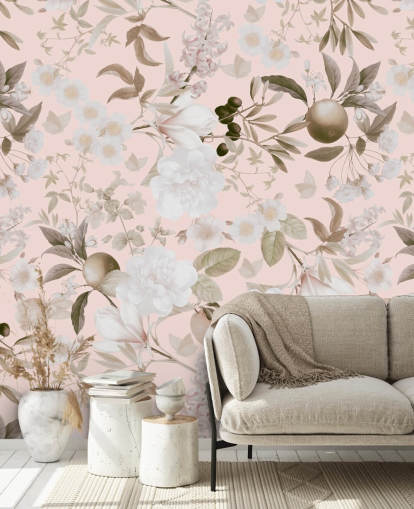 vintage blush exotic peonies and tropical fruits garden wallpaper
