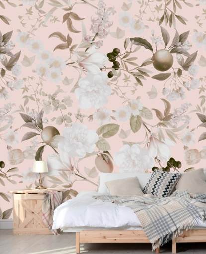 vintage blush exotic peonies and tropical fruits garden wallpaper