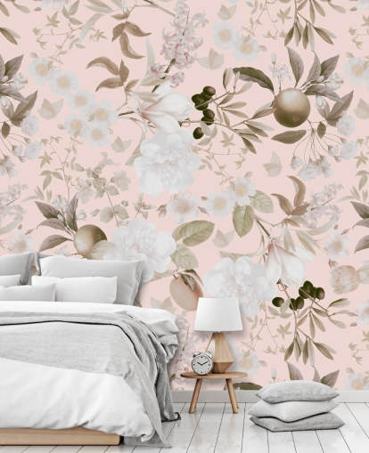papier peint vintage blush pivoines exotiques et fruits tropicaux
