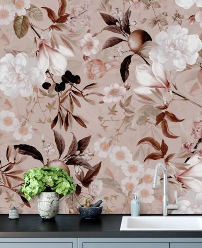 papier peint à fleurs rose poudré