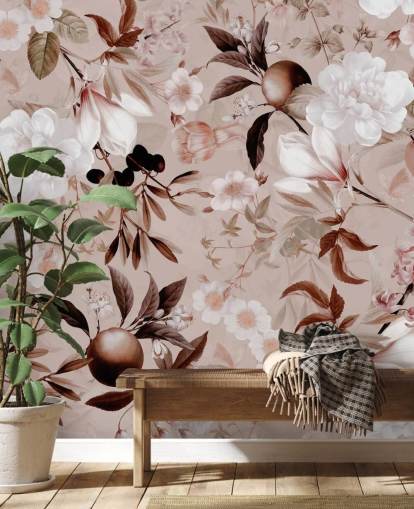 papel de parede floral rosa empoeirado