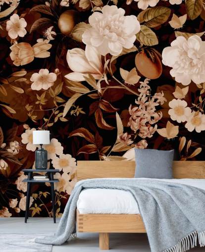 Vintage exotische Pfingstrosen und tropische Früchte night garden wallpaper