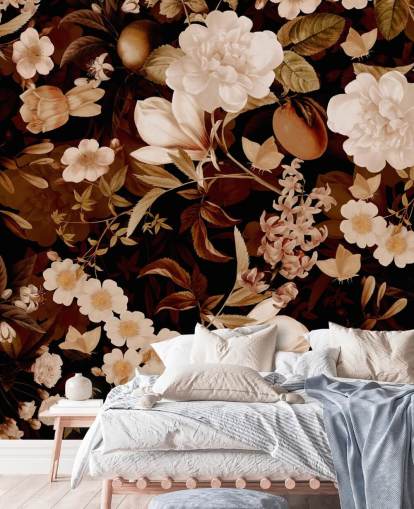 fondo de pantalla de jardín nocturno de peonías exóticas vintage y frutas tropicales