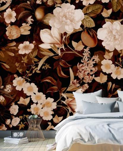 papier peint vintage jardin de nuit pivoines exotiques et fruits tropicaux