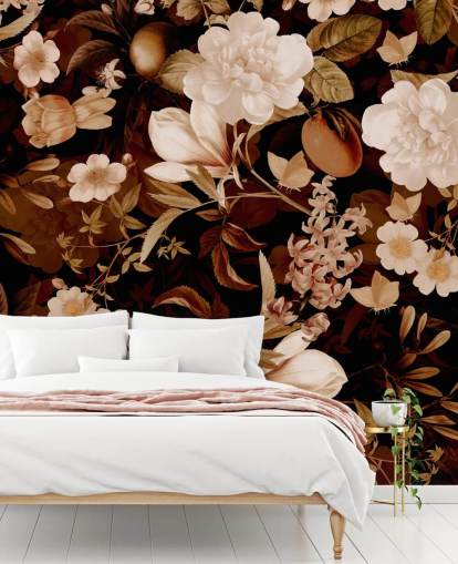 vintage exotic peonies and tropical fruits night garden wallpaper