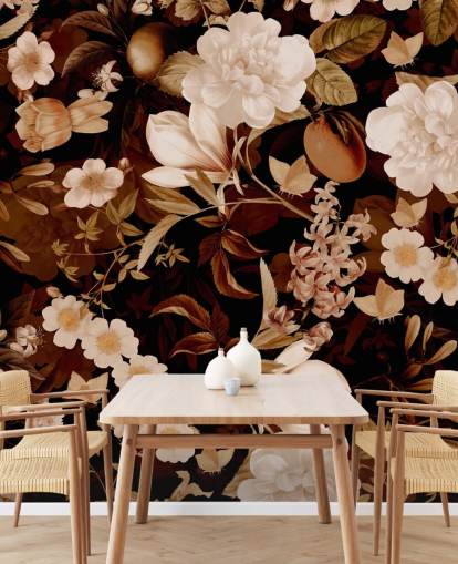 vintage exotic peonies and tropical fruits night garden wallpaper