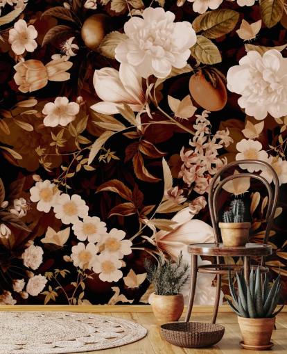 fondo de pantalla de jardín nocturno de peonías exóticas vintage y frutas tropicales