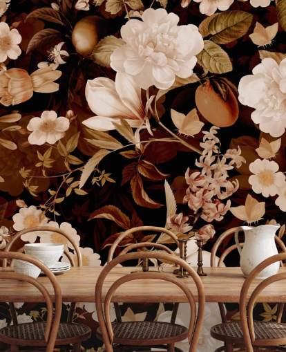 vintage exotic peonies and tropical fruits night garden wallpaper