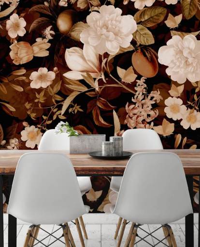 vintage exotic peonies and tropical fruits night garden wallpaper