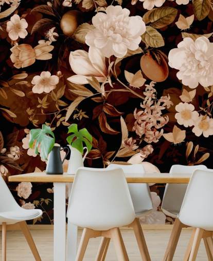 Vintage exotische Pfingstrosen und tropische Früchte night garden wallpaper