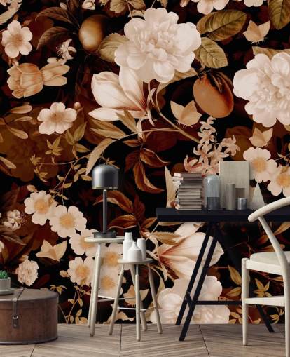 vintage exotic peonies and tropical fruits night garden wallpaper