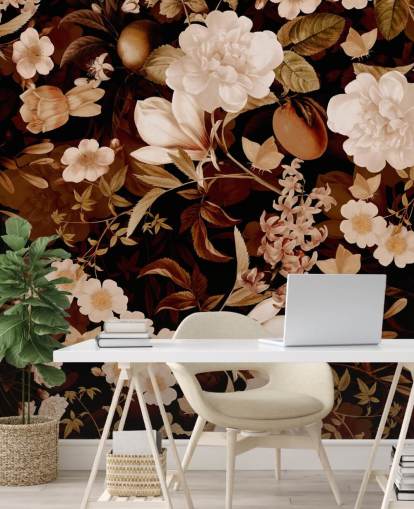 vintage exotic peonies and tropical fruits night garden wallpaper