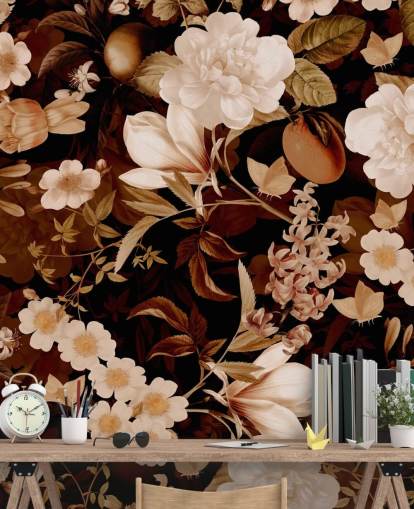 Vintage exotische Pfingstrosen und tropische Früchte night garden wallpaper Vintage exotische Pfingstrosen und tropische Früchte night garden wallpaper