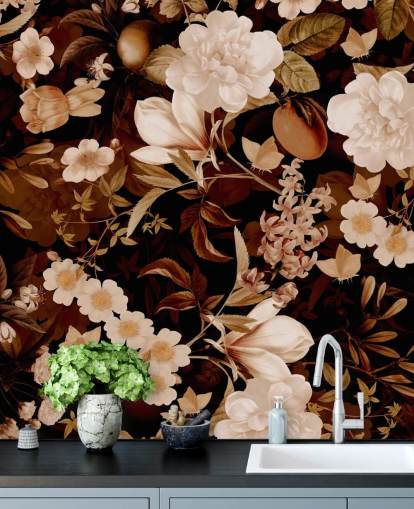 Vintage exotische Pfingstrosen und tropische Früchte night garden wallpaper Vintage exotische Pfingstrosen und tropische Früchte night garden wallpaper