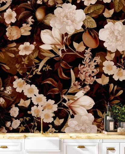 papier peint vintage jardin de nuit pivoines exotiques et fruits tropicaux