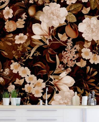 Vintage exotische Pfingstrosen und tropische Früchte night garden wallpaper