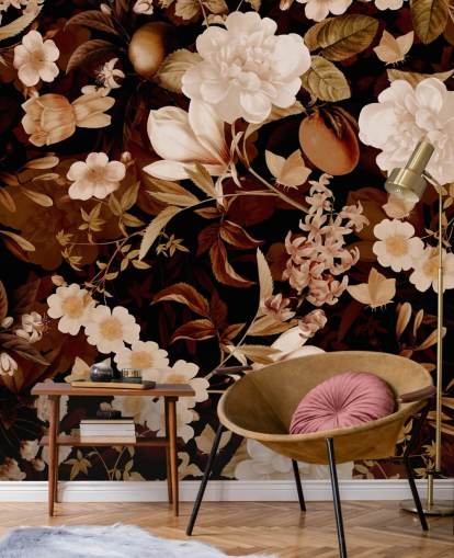 vintage exotic peonies and tropical fruits night garden wallpaper