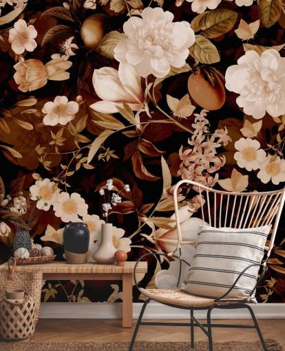 vintage exotic peonies and tropical fruits night garden wallpaper