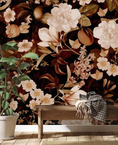 vintage exotic peonies and tropical fruits night garden wallpaper vintage exotic peonies and tropical fruits night garden wallpaper