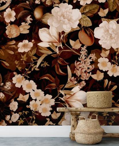 Vintage exotische Pfingstrosen und tropische Früchte night garden wallpaper